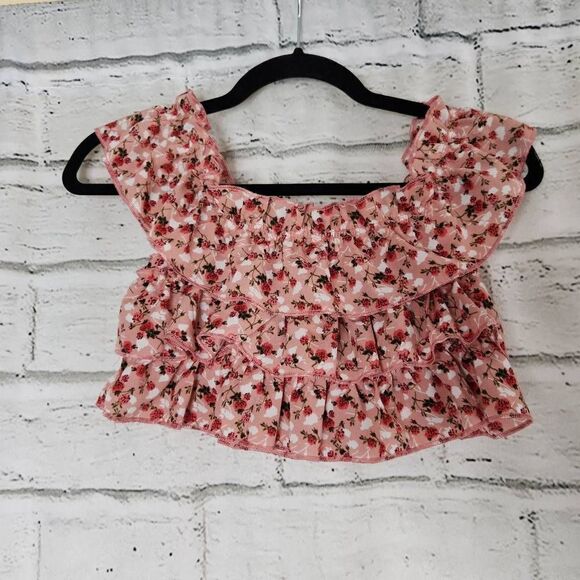 Cider Floral Cropped Elastic Off the Shoulder Top Ruffle Pink Women's XS - Picture 4 of 8